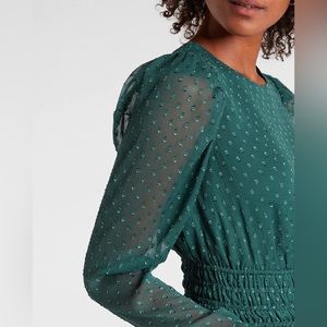 Express Green Clip Dot Puff Sleeve Crew Neck Top